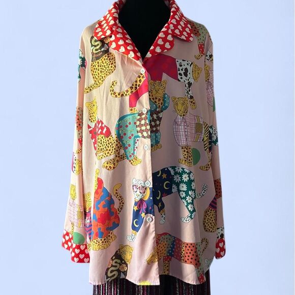 Source Unknown Tops - Colorful Whimsical Cat Print Button Up Blouse Novelty Shirt Size M